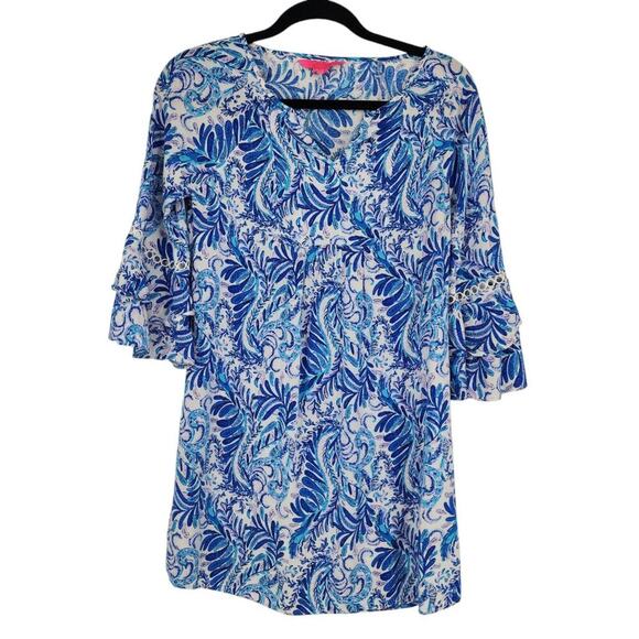 Lilly Pulitzer Blue & White Paisley Bell Sleeve Tunic Dress XXS Rayon Womens - Picture 1 of 6
